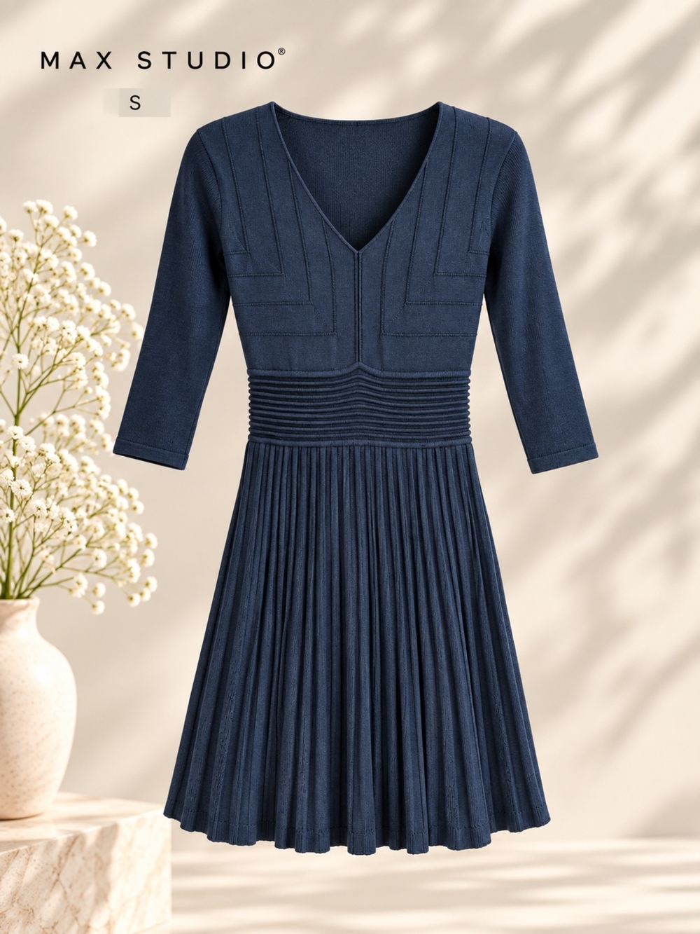 Max Studio Blue Cotton Blend A-line V-Neck Pleated Knit Dress, Size S